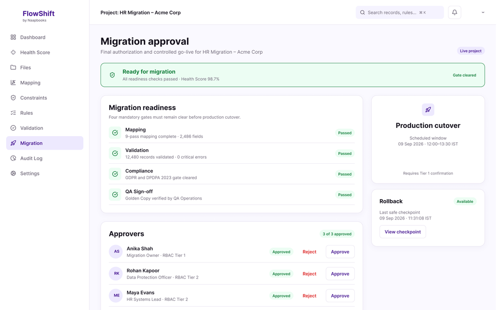 FlowShift migration run awaiting administrator approval before the golden copy is committed